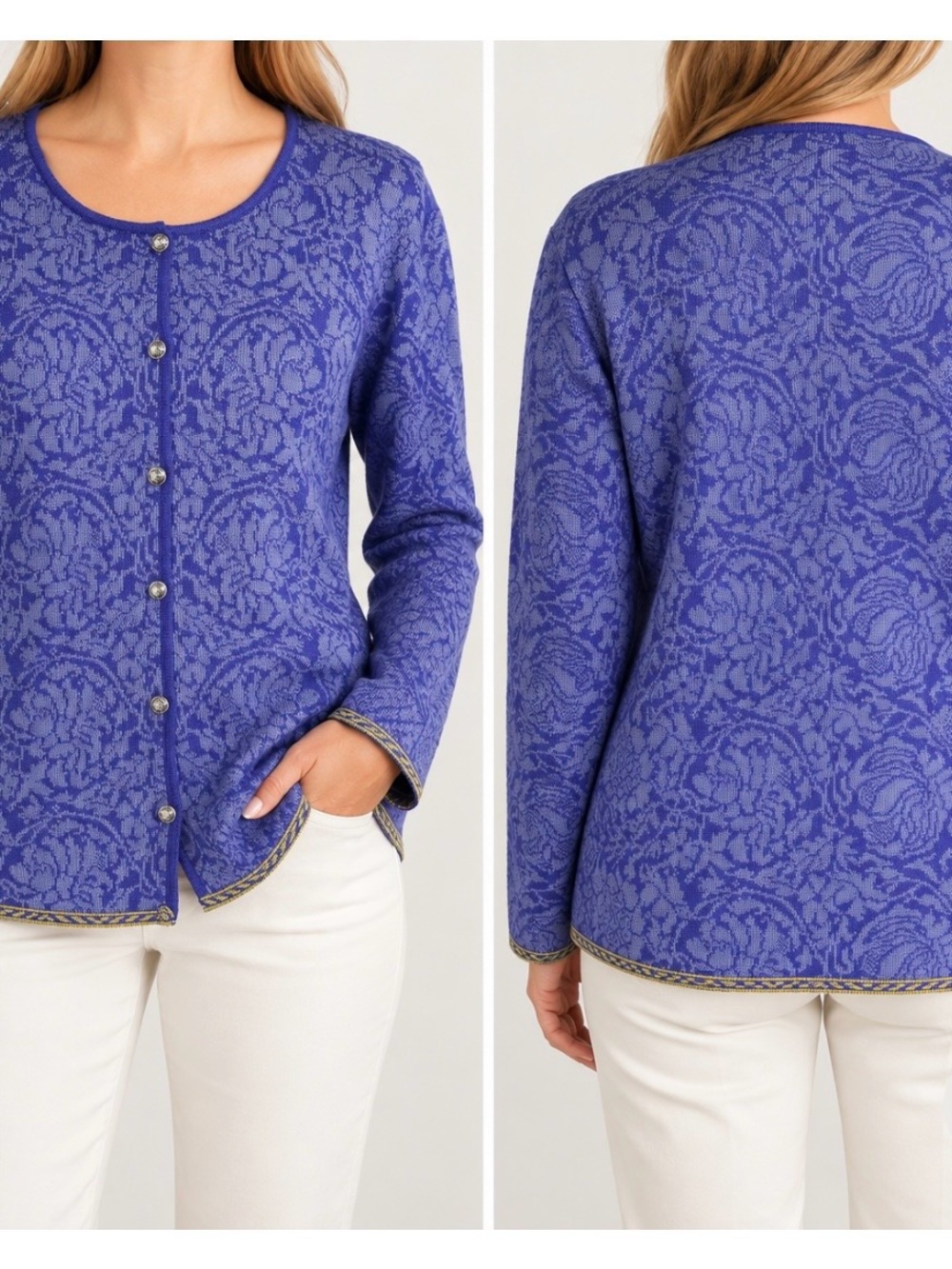 Oleana Blue Floral Patterned Round-Neck Cardigan Sweater Size Large
